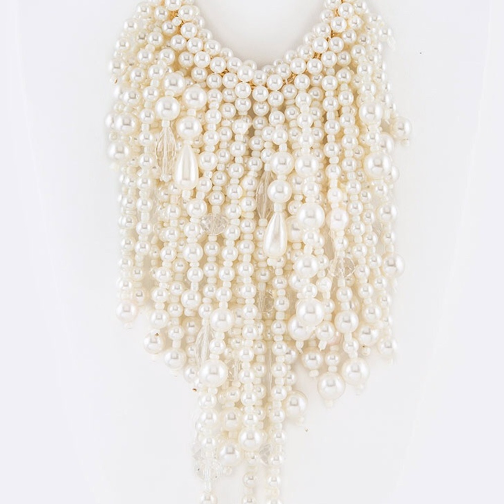 🎉Free Earrings & Bracelet 🎊 Diamond & Pearl Fringe Bib Statement Necklace - Picture 3 of 4